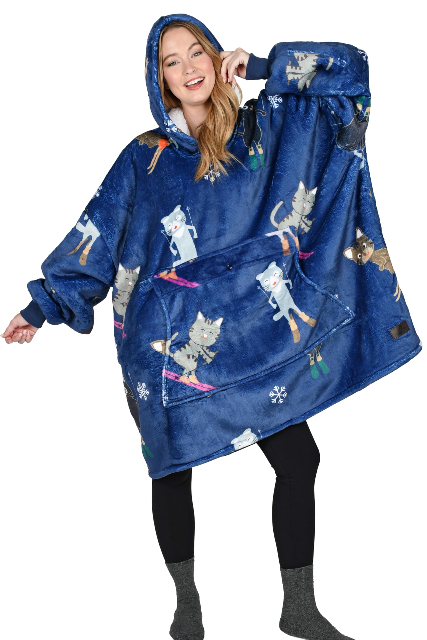 Catalonia Ski Cat Print Oversized Hoodie Blanket Sweatshirt, Wearable Sherpa Giant Pullover for Adults Men Women Teenagers Wife 