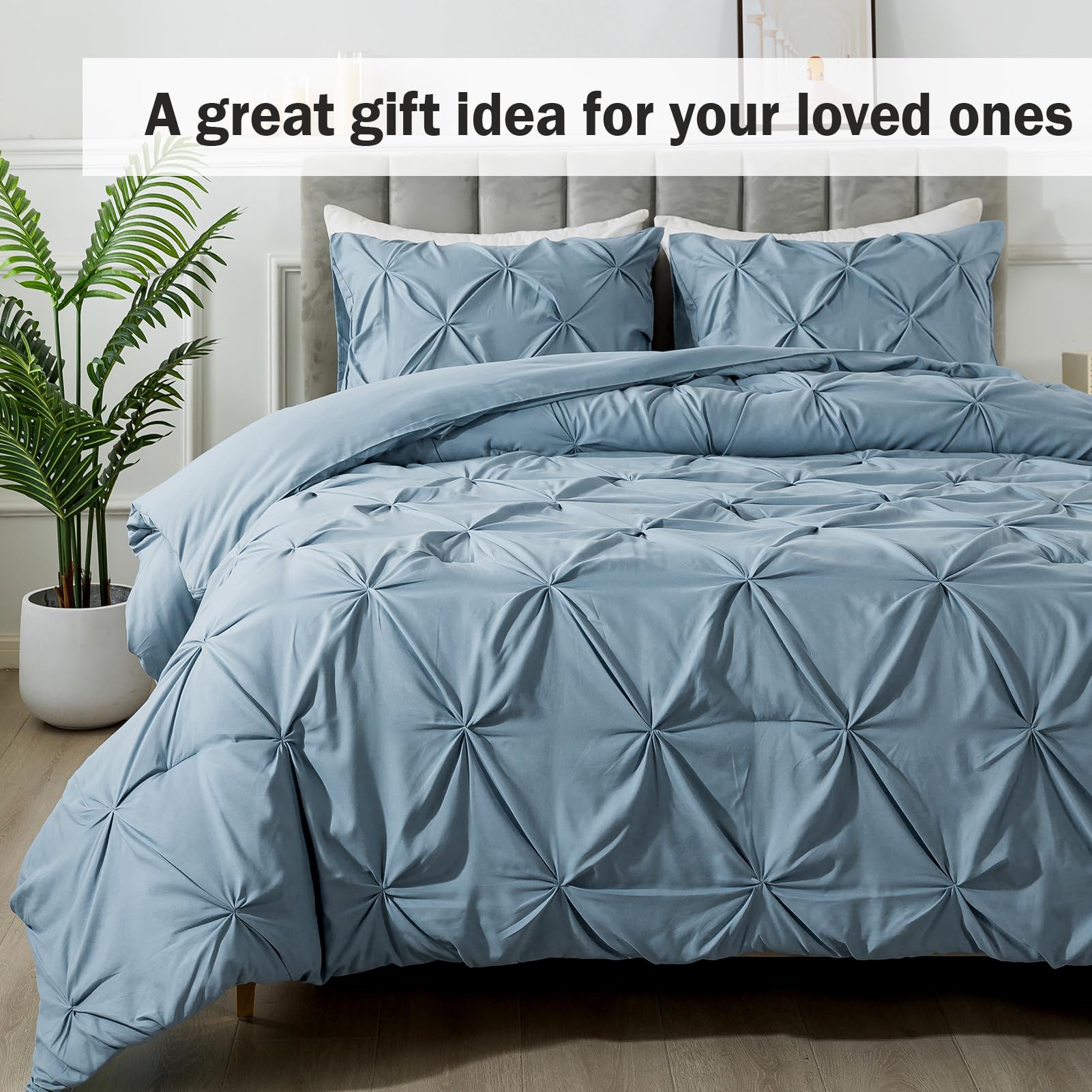 Andency Grayish Blue Comforter Set King, 3 Pieces Boho Pinch Pleat Bedding Comforter, All Season Soft Lightweight Modern Solid Bed Comforter Set