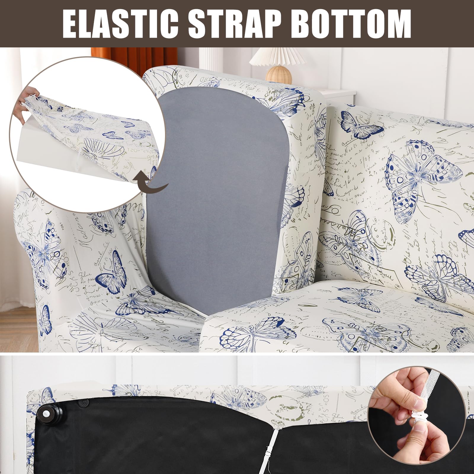 Searchi Stretch Sofa Cover Printed Couch Cover, Floral Pattern 4 Pieces Sofa Slipcover With 3 Separate Cushion Cover, Washable Furniture Protector For Living Room(Sofa, Butterfly Pattern)