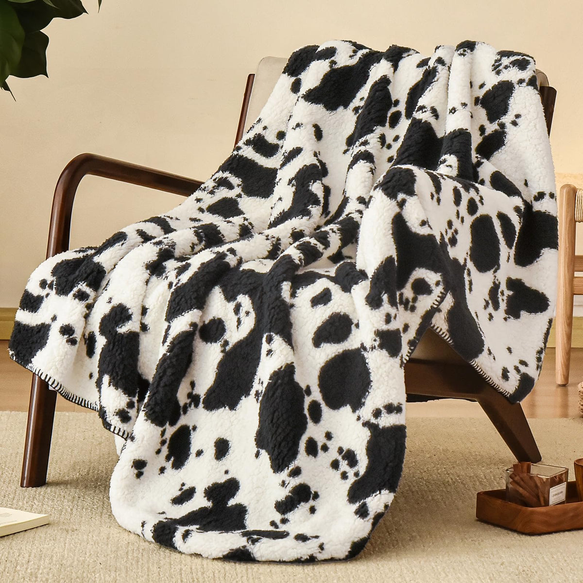 Phf Cute Cow Print Sherpa Throw Blanket For Girls Boys Teens Kids, Reversible Thick And Warm Blanket For Winter, Ultra Soft Fuzz
