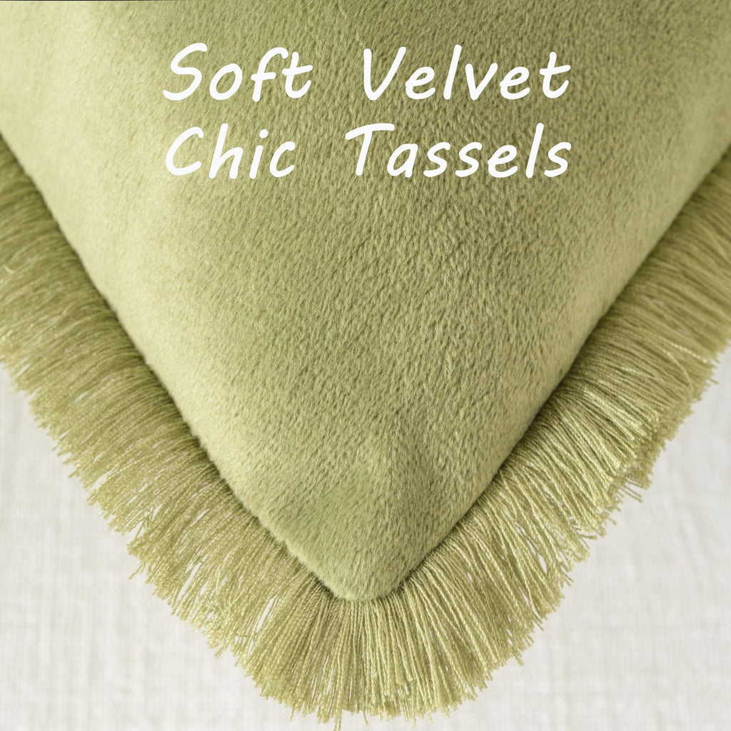 Futei Sage Green Boho Throw Pillow Covers With Tassels 18X18 Inch Set Of 2,Soft Velvet Decorative Cushion Case,Home Decor For Co