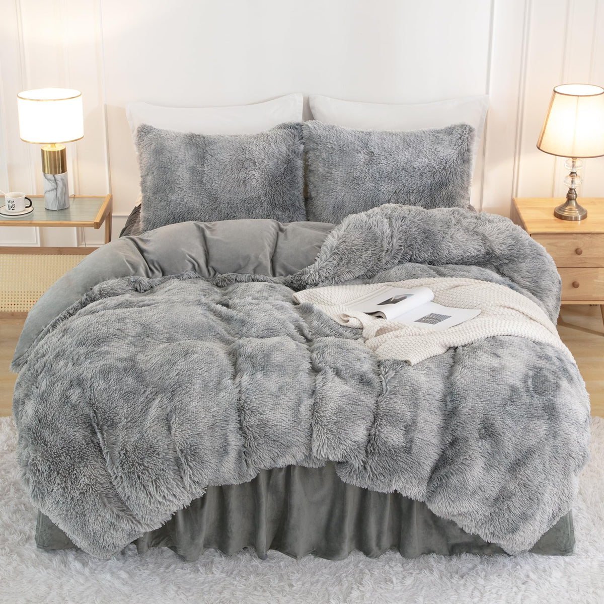 Annadaif Plush Shaggy Duvet Cover, Tie Dye Gray White Fluffy Comforter Cover Set King Size, Fuzzy Faux Fur Bedding Set With Zipp
