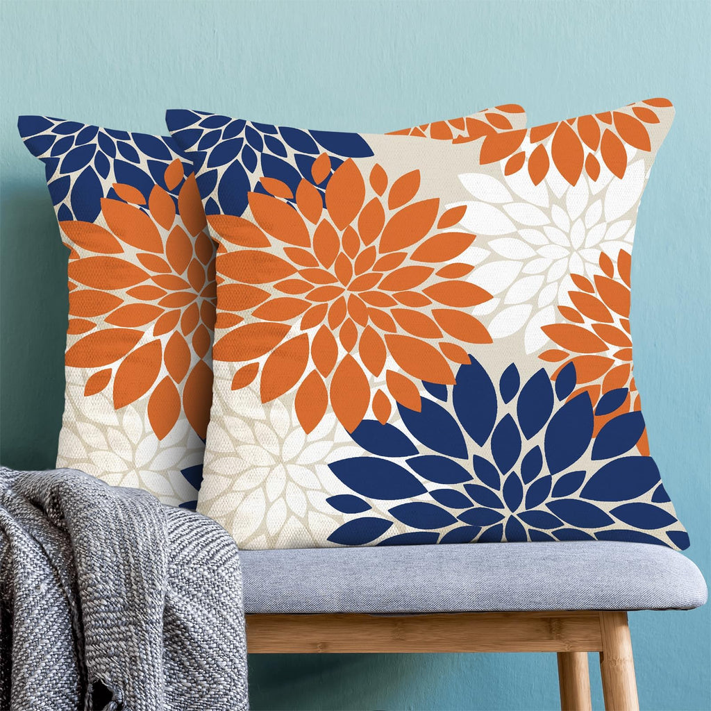 Fall Decor Pillow Covers 20X20 Inch Set Of 2 Burnt Orange Navy Blue White Dahlia Floral Decor Throw Pillows Modern Geometry Flow