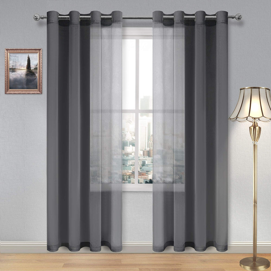 DWCN Dark Grey Sheer Curtains for Living Room Bedroom - Faux Linen Look Voile Drapes Grommet Top Window Curtain Panel 52 x 84 In