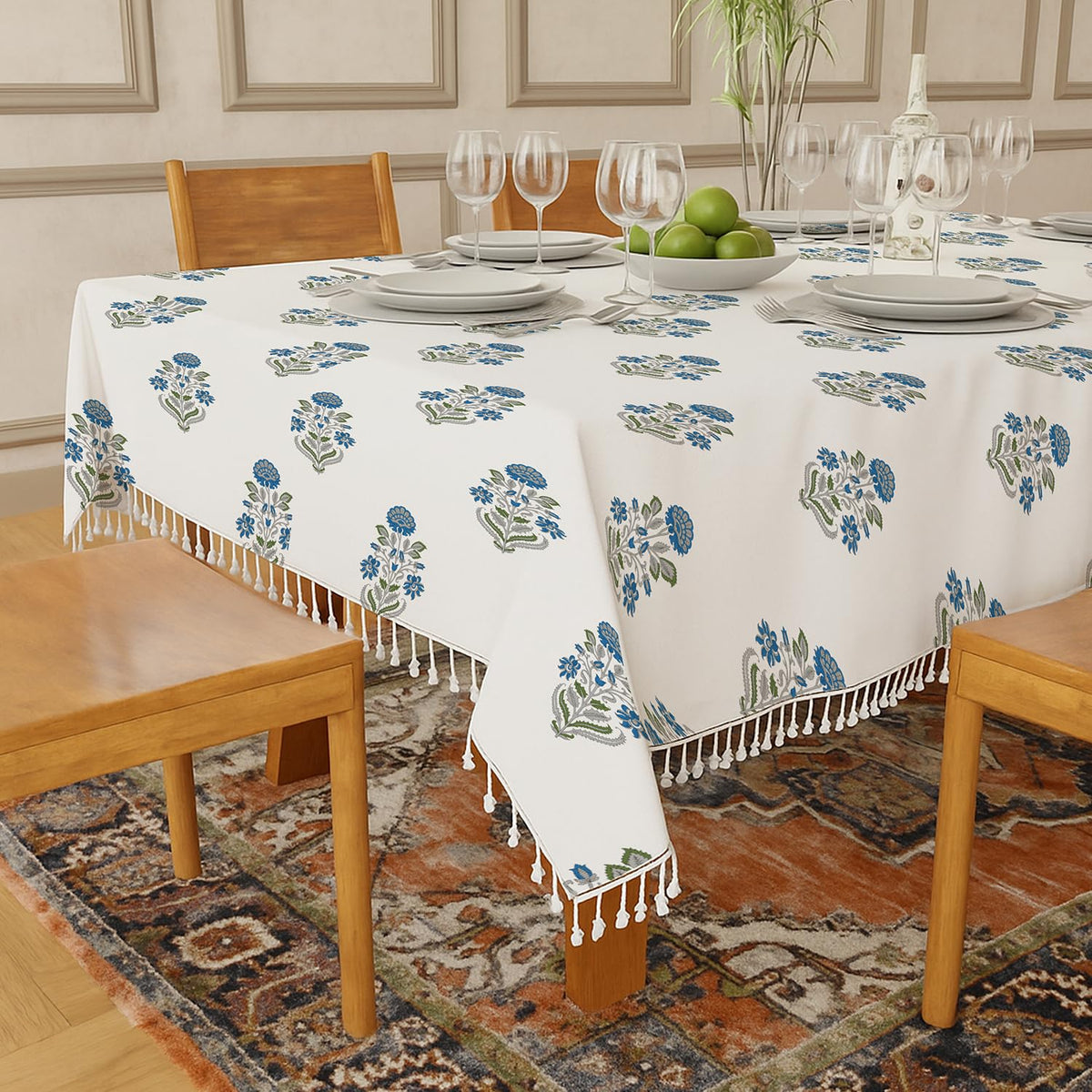 Urban Space 100% Cotton Dining Table Cover 6 Seater, Printed Cotton Table Cloth For Center Table, Table Cover With Tassels For H