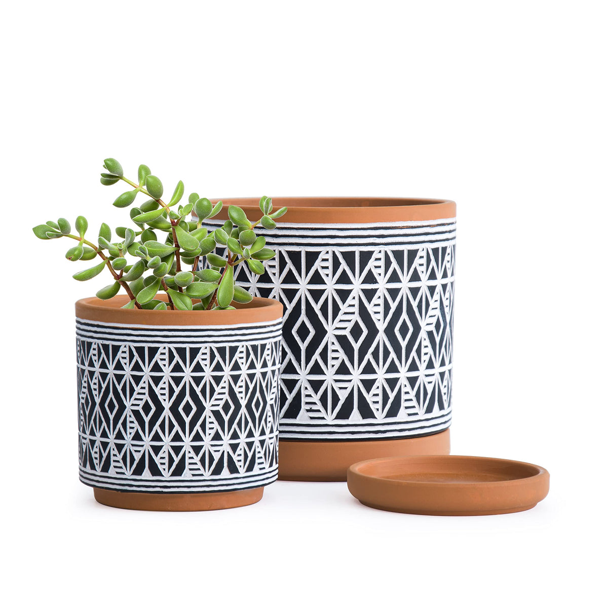 Set Of 2 Terracotta Pots, Diamond Pattern Planter Pot, 4 Inch And 6 Inch, Pot With Drainage Hole And Saucer, Terracotta/Black, 3