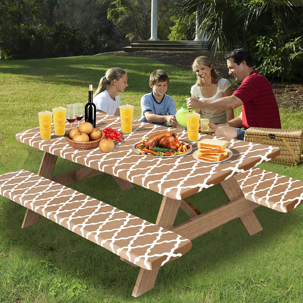 Outdoorlines Vinyl Fitted Picnic Table Cover With Bench Covers - Waterproof Camping Tablecloth For Picnic Table, Elastic Picnic Table Covers For Outdoor, Camping (Moroccon Camel 72X30 Inch, 3 Pcs)