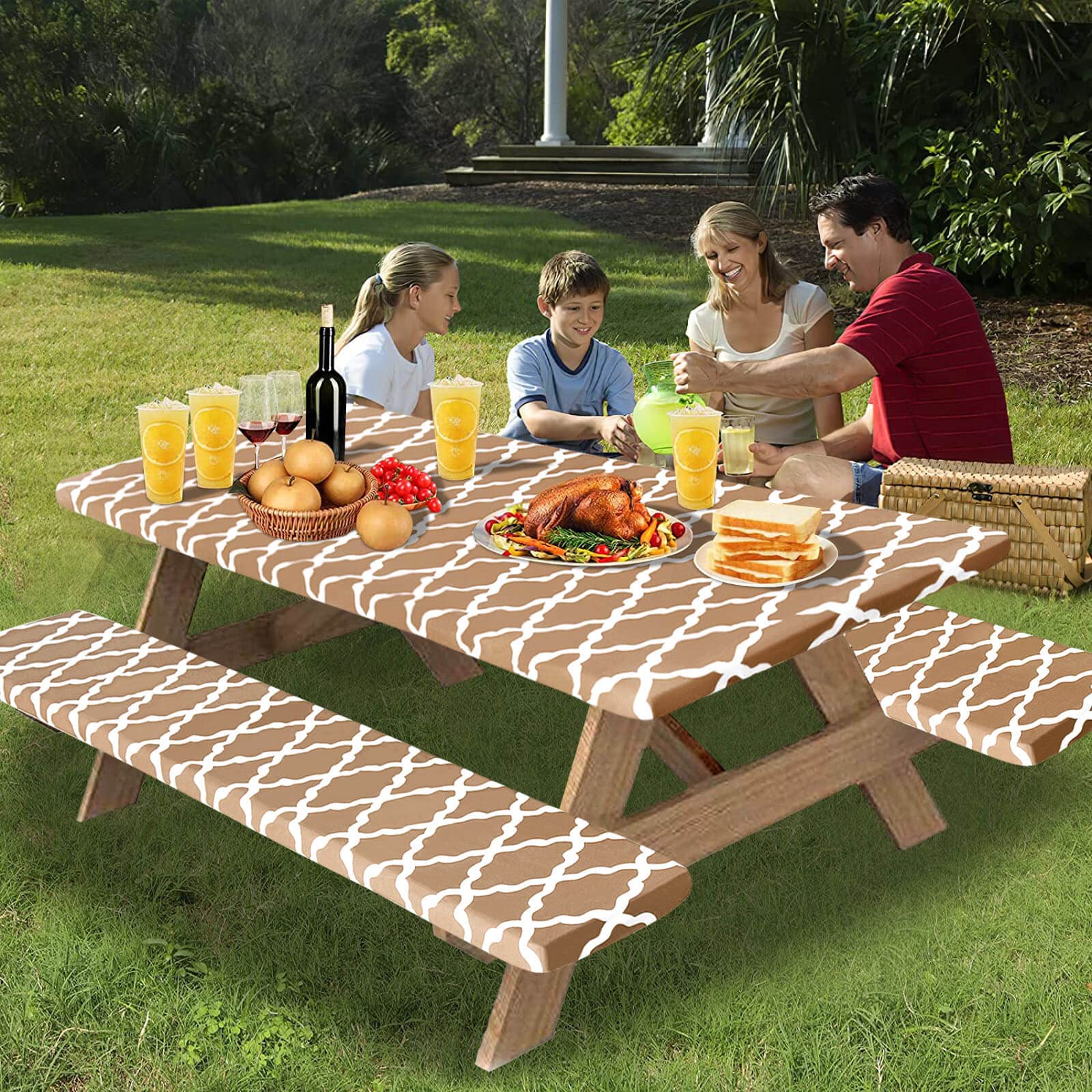 Outdoorlines Vinyl Fitted Picnic Table Cover With Bench Covers - Waterproof Camping Tablecloth For Picnic Table, Elastic Picnic Table Covers For Outdoor, Camping (Moroccon Camel 72X30 Inch, 3 Pcs)