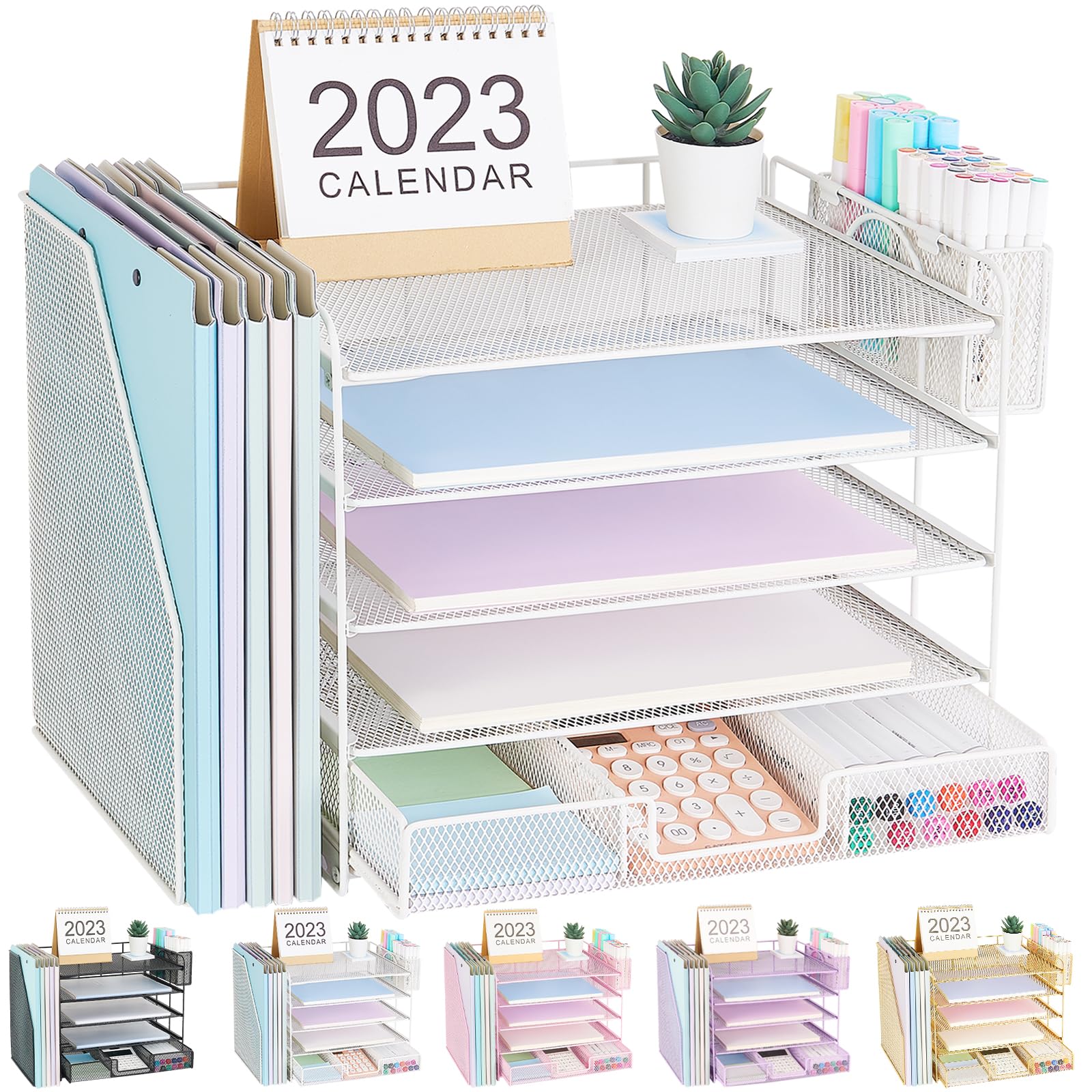 Gugsey Desk Organizer With File Holder, 5-Tier Paper Letter Tray File Organizer With Drawer And Pen Holder, Desk Organization Of