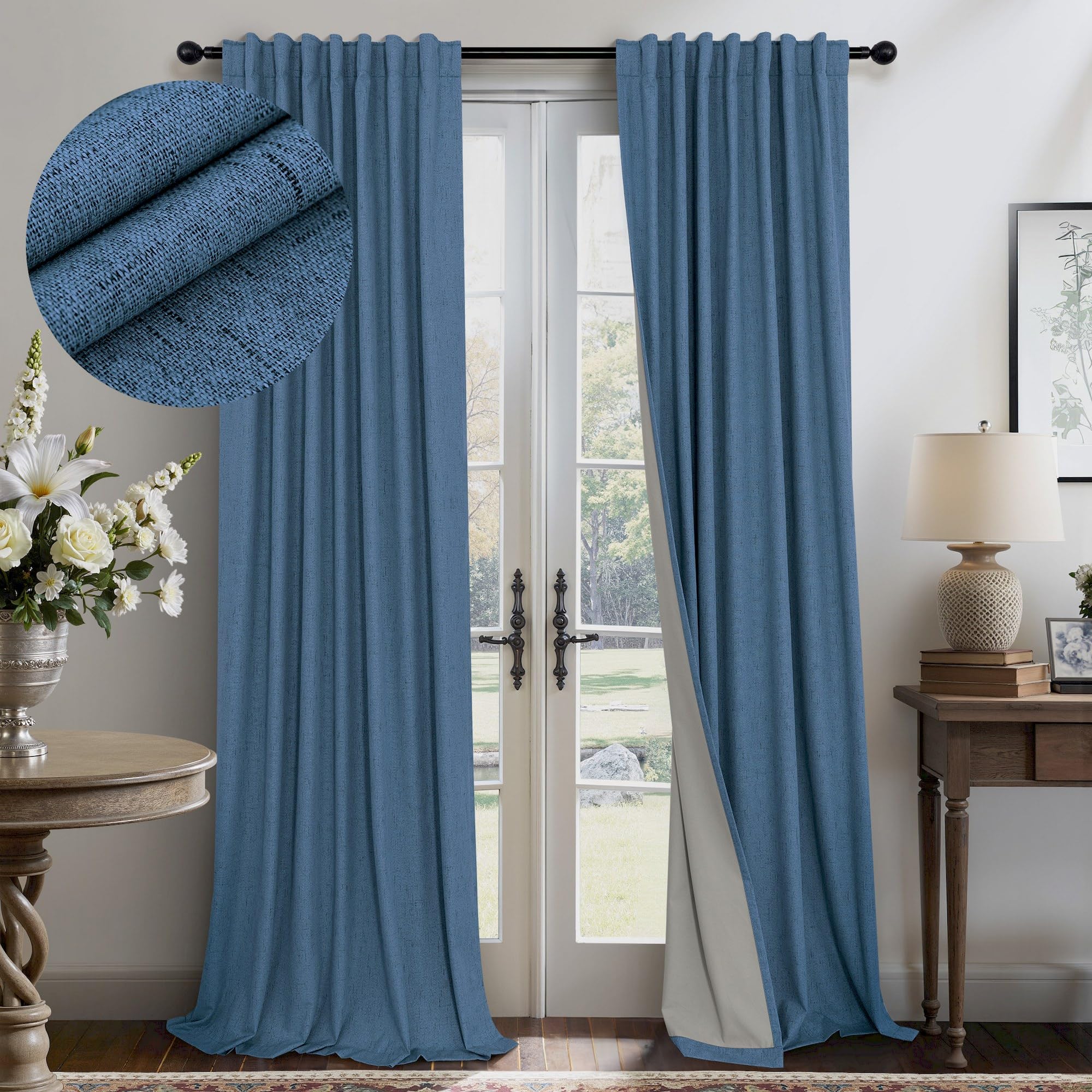 Denim Blue Blackout Curtains & Drapes 84 Inch Length 2 Panels Set Faux Linen 100% Black Out Room Darkening Soundproof Country Bl