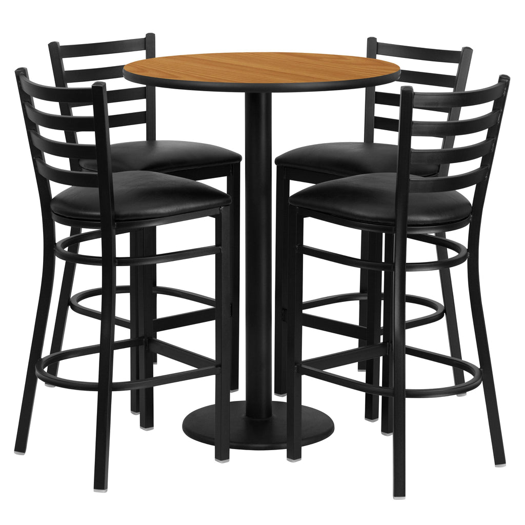 Flash Furniture Jamie 30'' Round Natural Laminate Table Set with Round Base and 4 Ladder Back Metal Barstools - Black Vinyl Seat