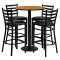 Flash Furniture Jamie 30'' Round Natural Laminate Table Set with Round Base and 4 Ladder Back Metal Barstools - Black Vinyl Seat