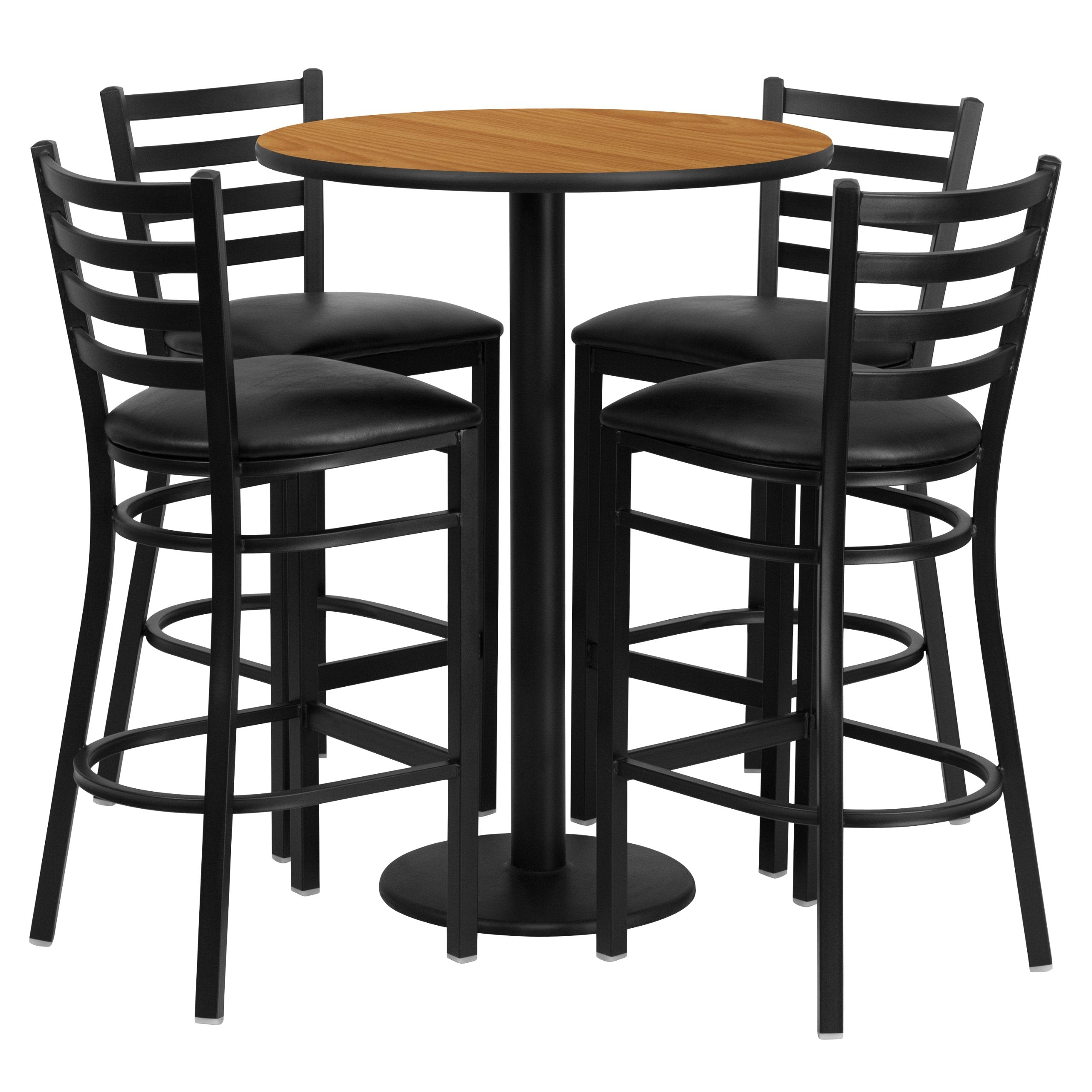 Flash Furniture Jamie 30'' Round Natural Laminate Table Set with Round Base and 4 Ladder Back Metal Barstools - Black Vinyl Seat