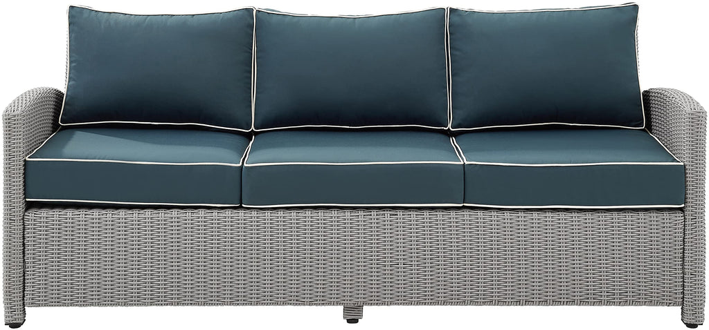 Crosley Furniture Bradenton Wicker Outdoor Sofa, 3-Person Patio Couch for Porch, Deck, Backyard, Gray with Navy Cushions