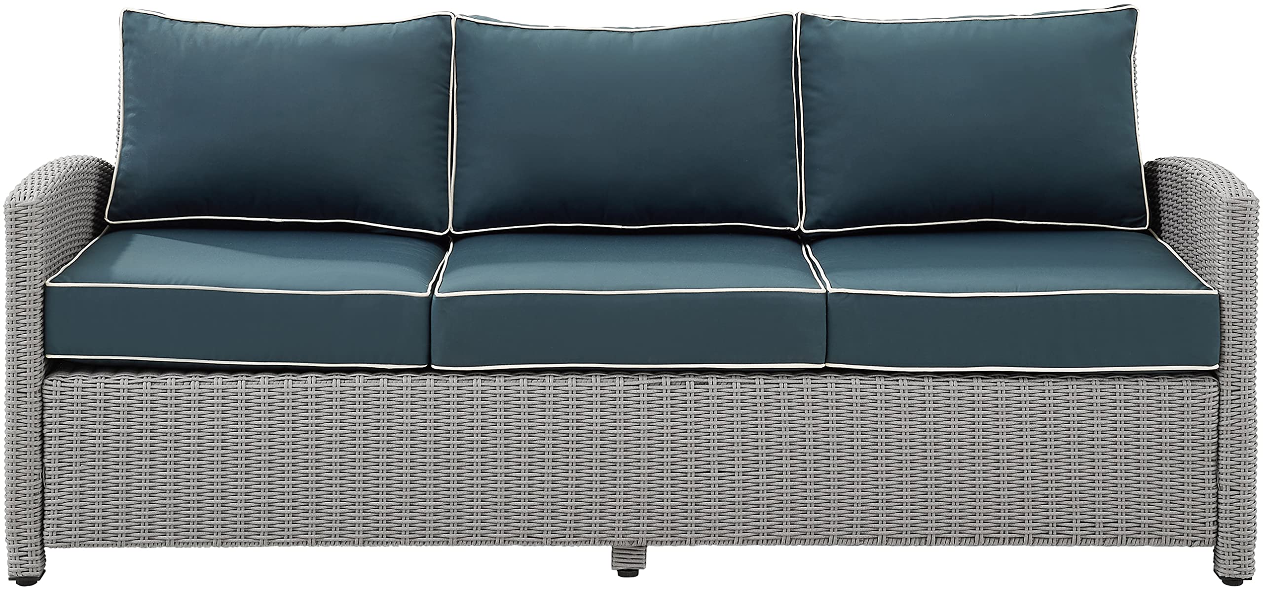 Crosley Furniture Bradenton Wicker Outdoor Sofa, 3-Person Patio Couch for Porch, Deck, Backyard, Gray with Navy Cushions