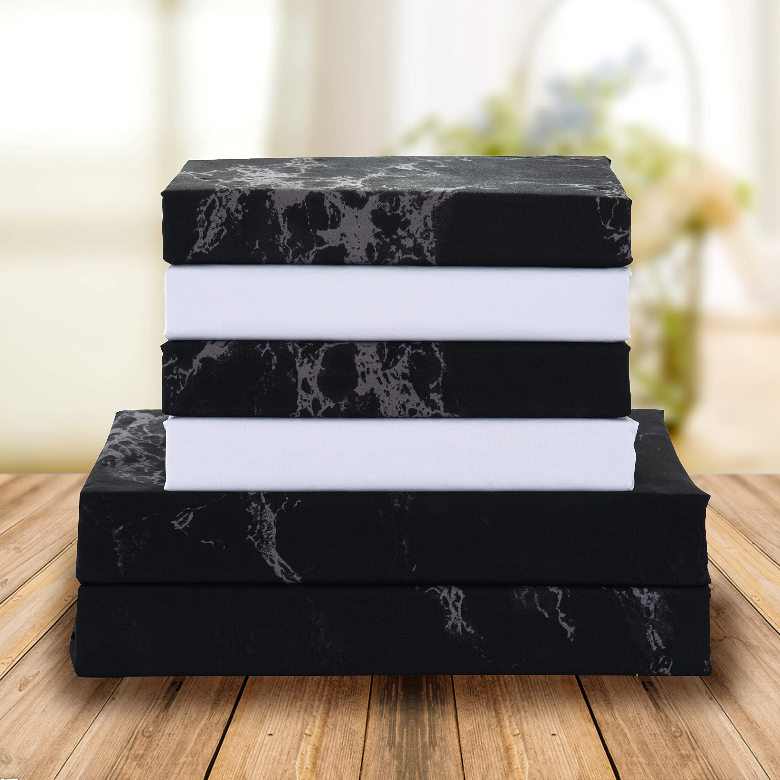 Elegant Comfort Eloise Marble Printed 6-Piece Sheet Set, 1500 Premium Hotel Quality Microfiber, Soft, Wrinkle And Fade Resistant, Fitted Sheets With Smart Pockets, Marble Sheet Set, Full, Black