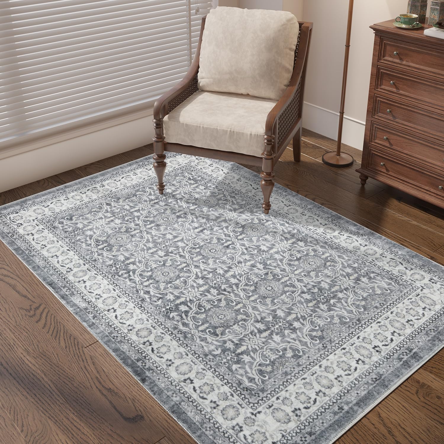 jinchan Washable Area Rug 3x5 Entryway Low Pile Boho Floral Print Rug Faux Wool Soft Indoor Doormat Stain Resistant Non-Slip Ult