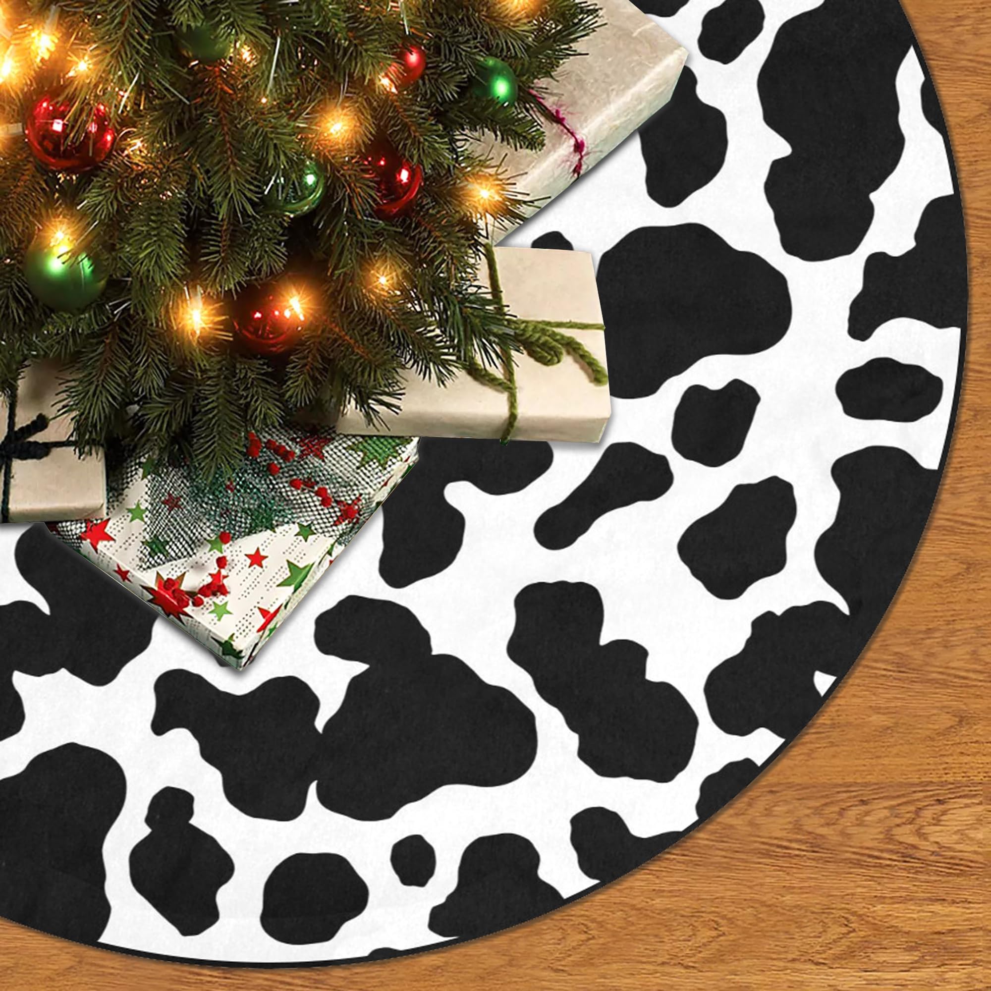 M YESCUSTOM Cow Print Christmas Tree Skirt Dalmatian Xmas Tree Mat Black and White Farmhouse Rustic Party Home Decoration Hallow