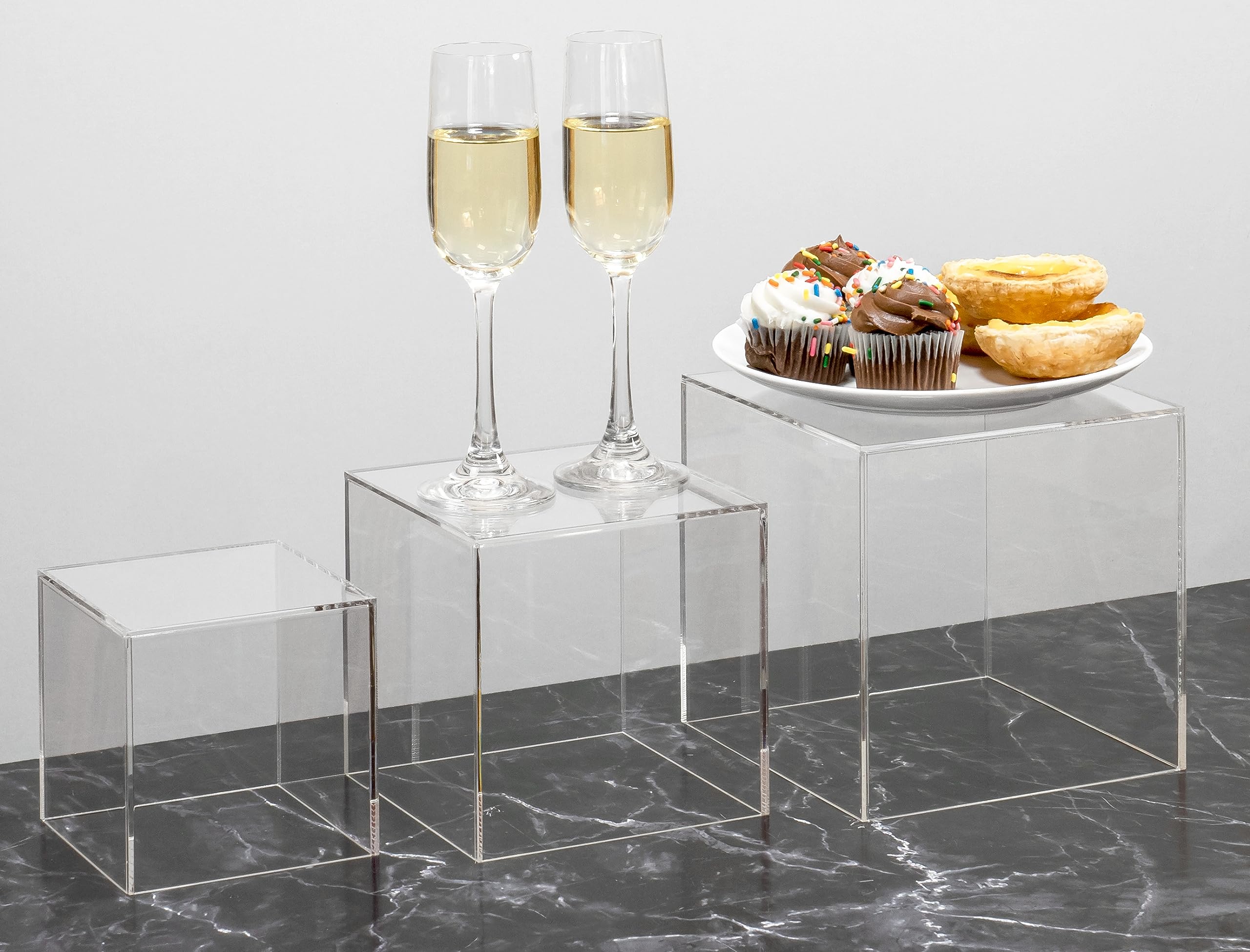 Red Co. Set Of 2 Crystal Clear Acrylic Cube Display Nesting Riser Stands With Hollow Bottoms | Transparent - 3-Pack