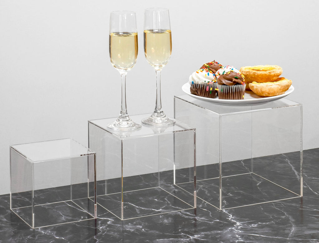 Red Co. Set Of 2 Crystal Clear Acrylic Cube Display Nesting Riser Stands With Hollow Bottoms | Transparent - 3-Pack