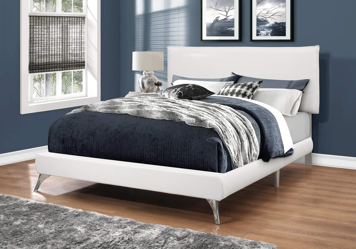 HomeRoots Foam,MDF, Solid Wood,Leather-Look Bed - Queen Size/White Leather-Look with Chrome Legs