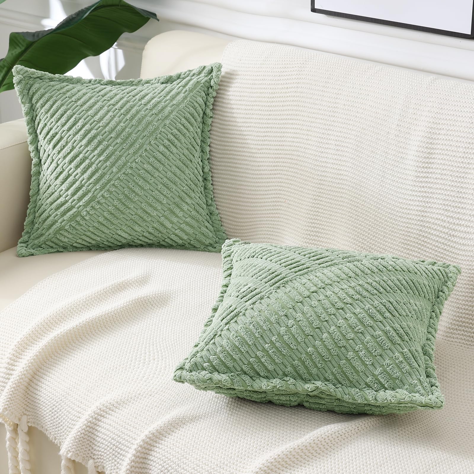 Decoruhome Decorative Spring Sage Green Throw Pillow Covers 16X16 Set Of 2 With Splicing, Boho Soft Corduroy Broadside Twill Pil