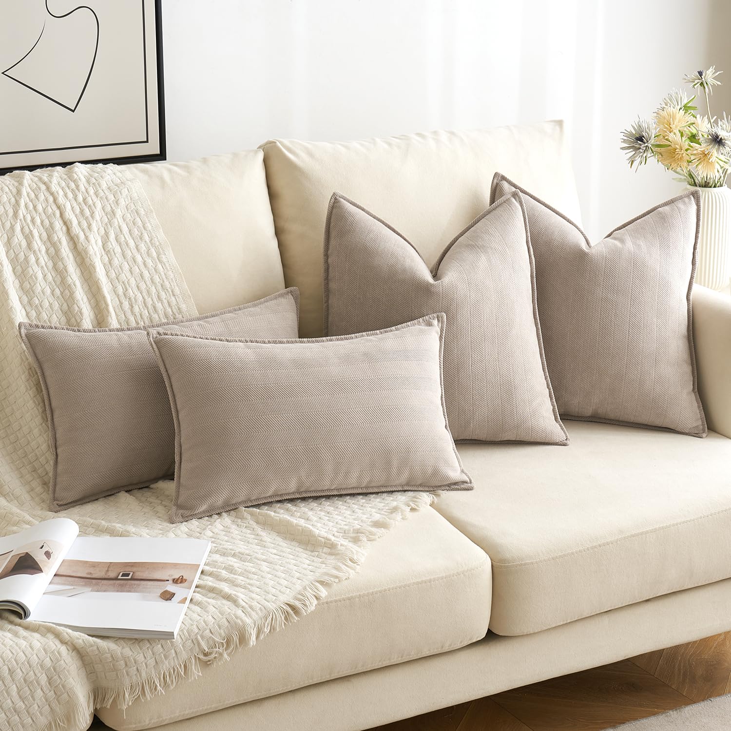 Miulee Pack Of 2 Beige Decorative Pillow Covers 22X22 Inch Soft Chenille Luxurious Couch Throw Pillows Farmhouse Cushion Covers Euro Shams With Elegant Design For Sofa Bedroom Living Room Home Decor