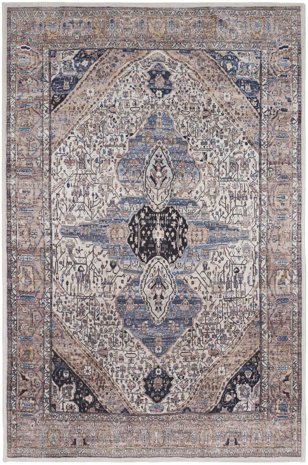 HomeRoots 533291 4 x 6 ft. Oriental Power Loom Distressed Washable Non Skid Area Rug Ivory & Blue