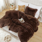 Smoofy Faux Fur Coffee Comforter Set Queen Size 3Pcs Fluffy Fuzzy Plush Comforter Set Cute Soft Shaggy Velvet Double-Sided Beddi