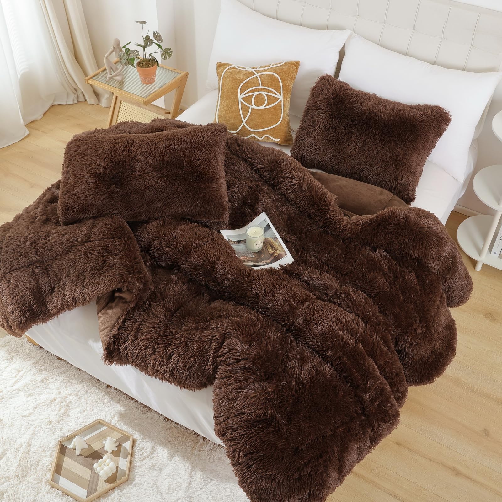 Smoofy Faux Fur Coffee Comforter Set Queen Size 3Pcs Fluffy Fuzzy Plush Comforter Set Cute Soft Shaggy Velvet Double-Sided Beddi