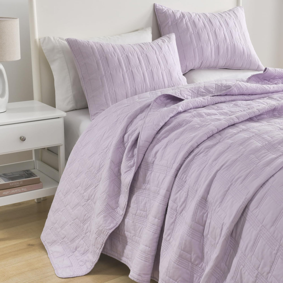 Horimote Home 100% Cotton Quilt Set Queen Size, Lavender Pre-Washed 3-Piece Bedspread Coverlet Set, Cozy Lightweight Stitching B