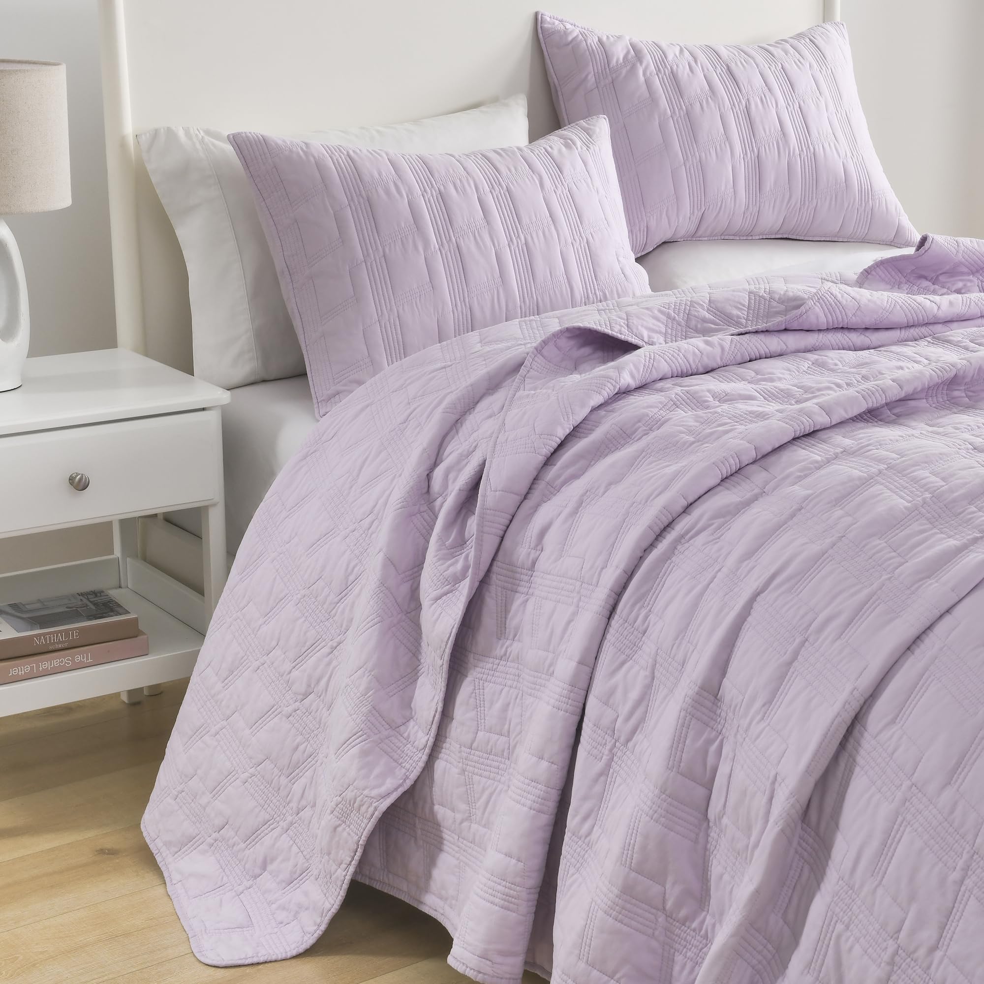 Horimote Home 100% Cotton Quilt Set Queen Size, Lavender Pre-Washed 3-Piece Bedspread Coverlet Set, Cozy Lightweight Stitching B