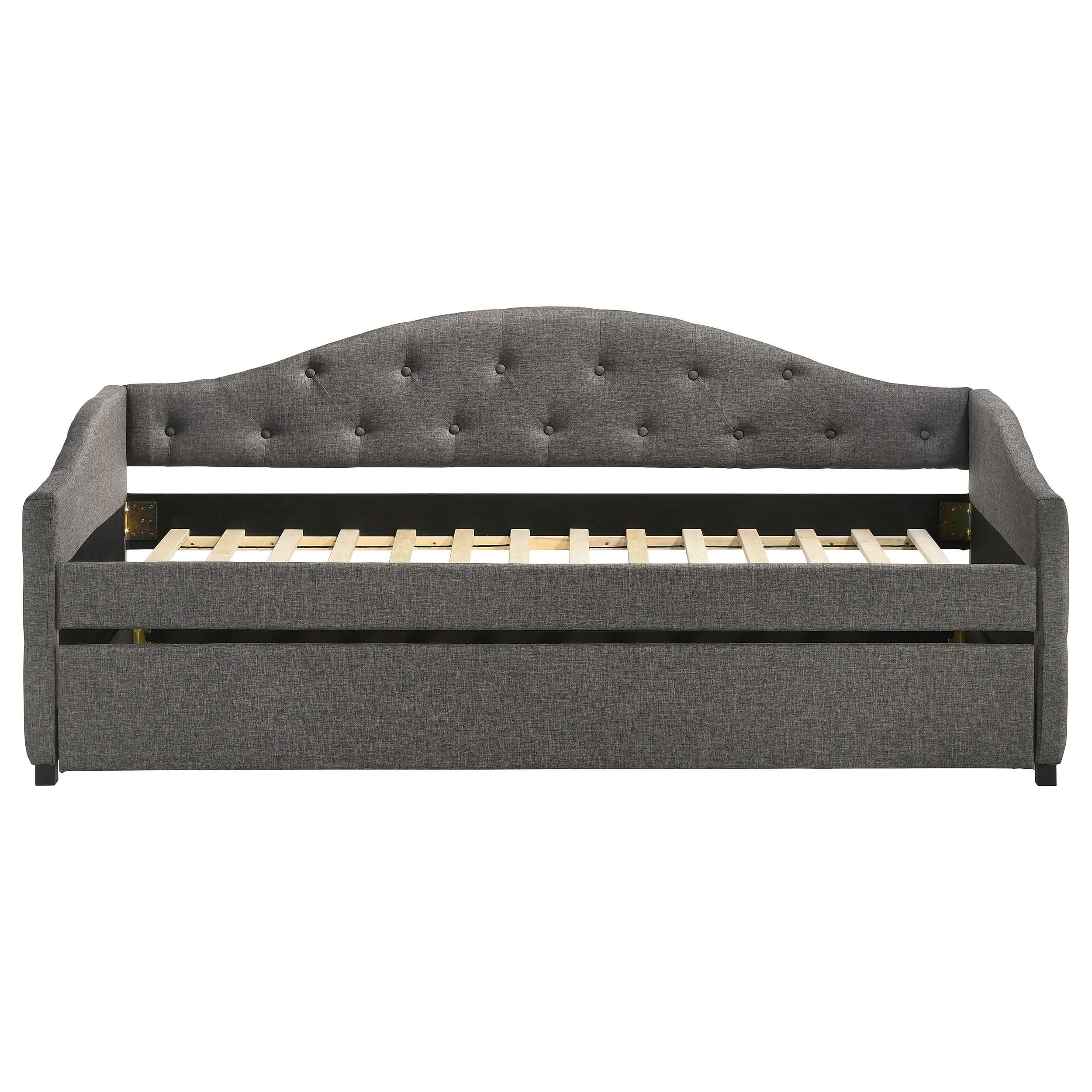 Coaster Home Furnishings Sadie Transitional Fabric Upholstered Twin Size Button Tufted Daybed with Trundle Bed for Guestroom 35-inch Headboard Bedroom Lounger Grey 300638