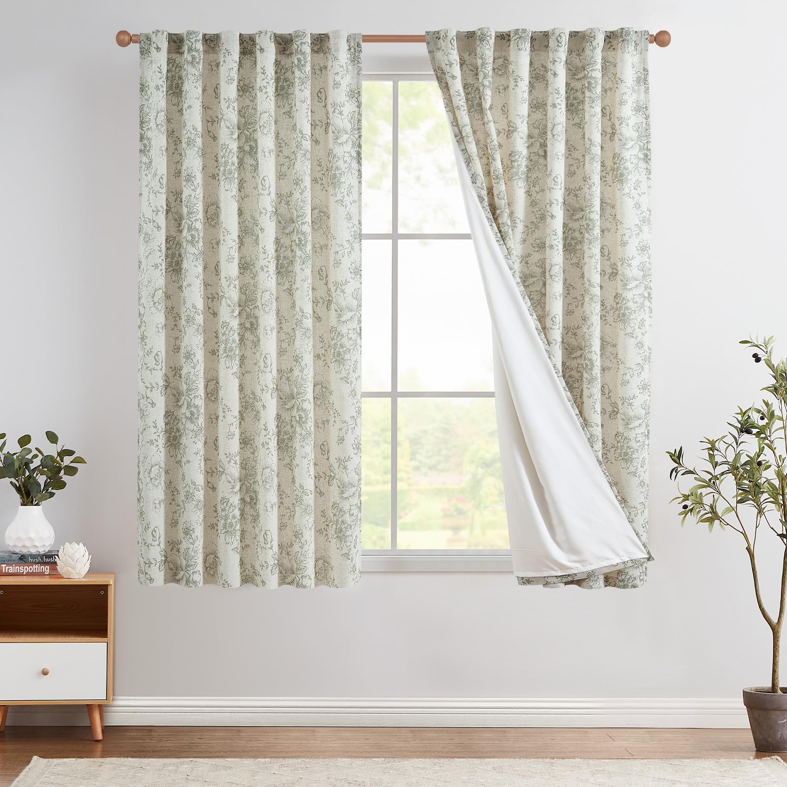 Jinchan Lined Linen Curtains Floral Curtains For Living Room 63 Inch Length Green Peony Flower Printed Curtains Rod Pocket Back