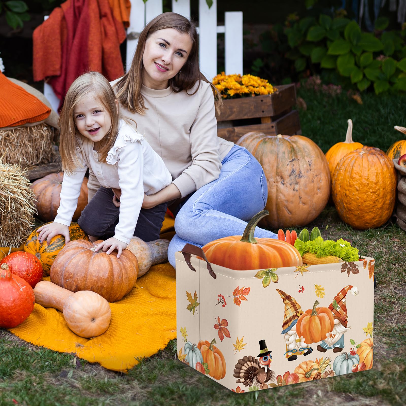 Clastyle Rectangular Gnome Cart Fall Basket Autumn Harvest Thanksgaving Gift Basket Orange Farm Turkeys Pumpkin Bin Clothes Toy