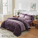 Flysheep Ombre Striped Bed In A Bag 7 Pieces King Size, Purple And Grey Stripes Comforter Sheet Set (1 Comforter, 1 Flat Sheet,