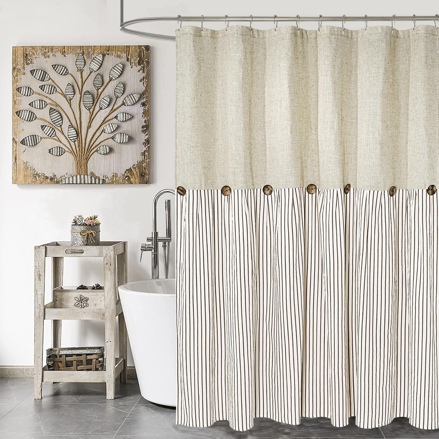 Dosly Id  Es Farmhouse Shower Curtain,Beige And Brown Stripe,Button Curtain,Linen And Cotton Woven Fabric,Rustic Charm Country C