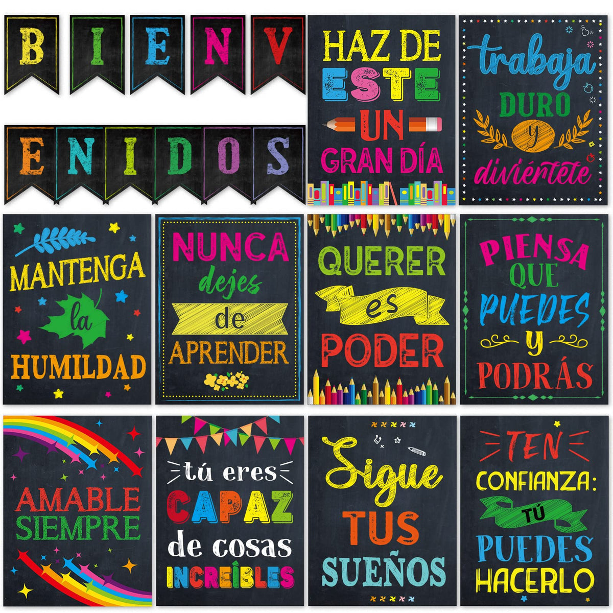 21 Pieces Bienvenidos Inspirational Spanish Posters Black Colourful Spanish Motivational Posters Spanish Classroom Bulletin Boar