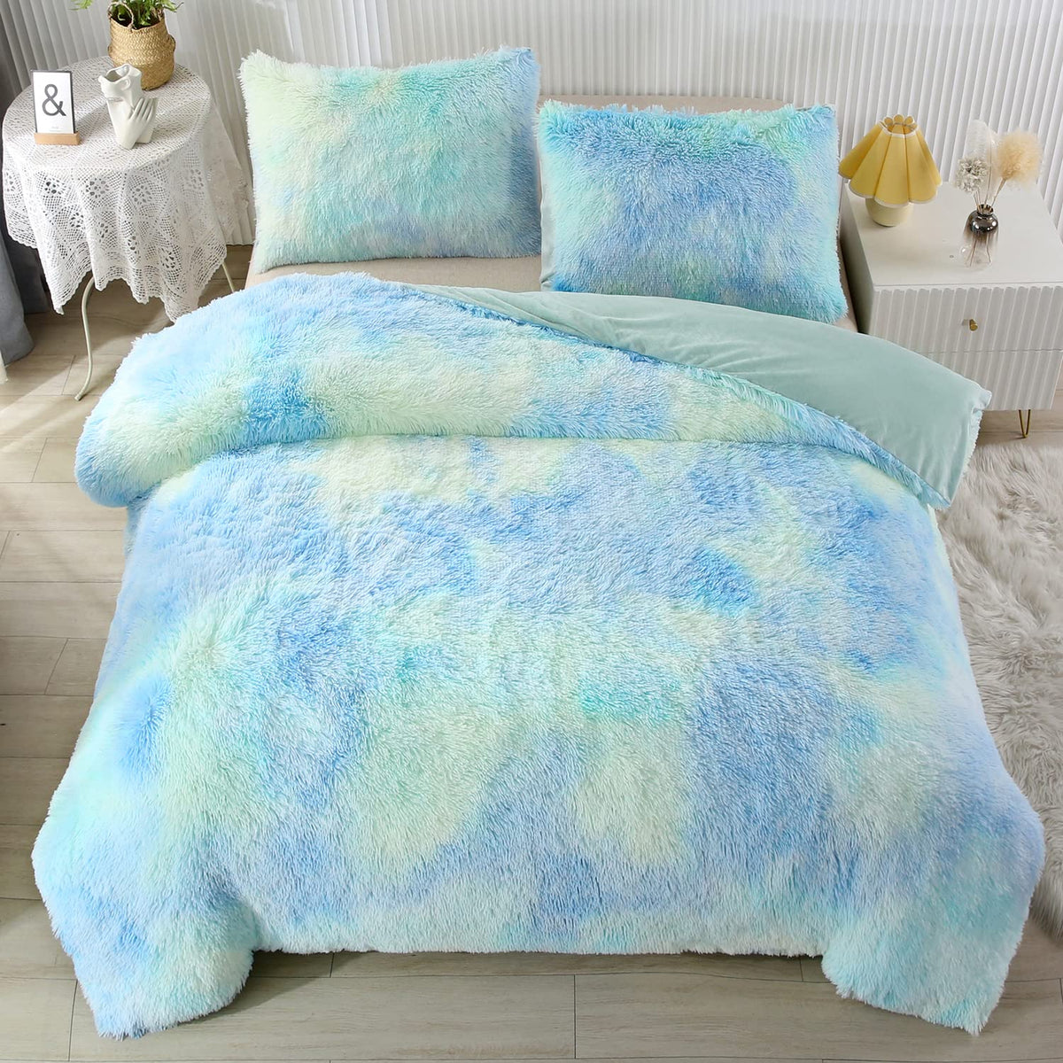 Sucses Mint Green Plush Shaggy Duvet Cover Set Twin Size, 2Pcs Tie Dye Rainbow Faux Fur Girls Bedding Set, Ultra Soft Fluffy Fur