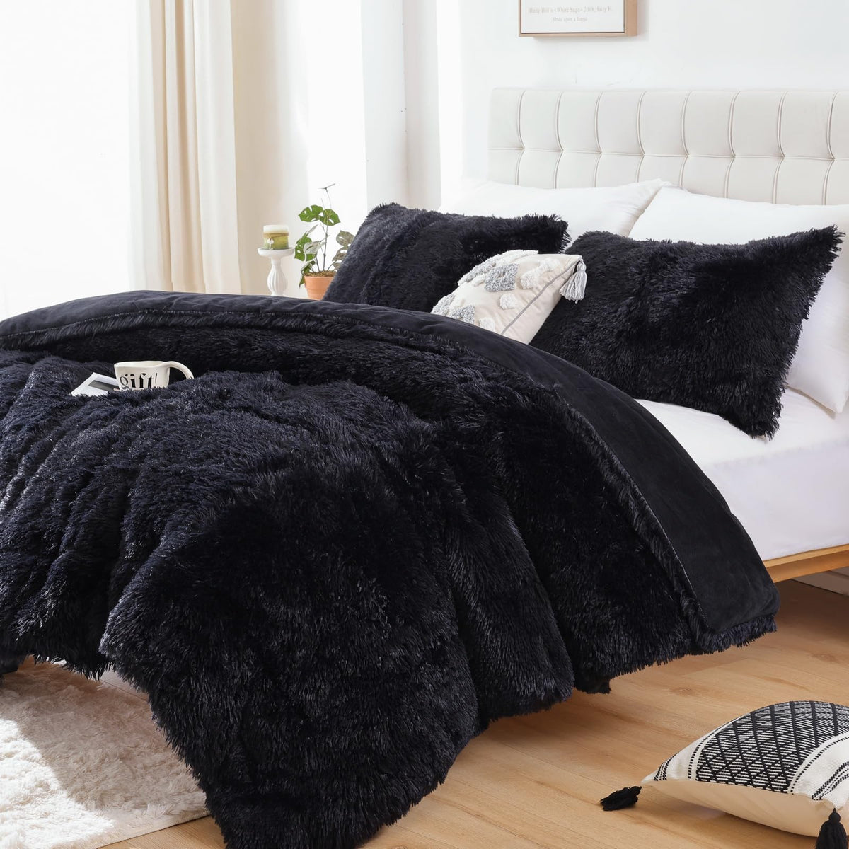 Smoofy Faux Fur Black Comforter Set King Size 3Pcs Fluffy Fuzzy Plush Comforter Set Cute Soft Shaggy Velvet Double-Sided Bedding