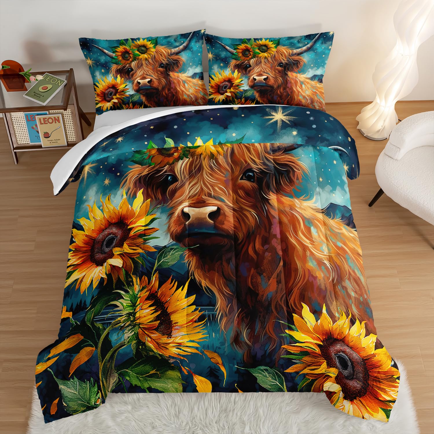 Hosima Highland Cow Comforter Set,Western Farmhouse Animals Cow And Sunflower Print Bedding Set 3Pcs With 2 Pillowcases,Galaxy S