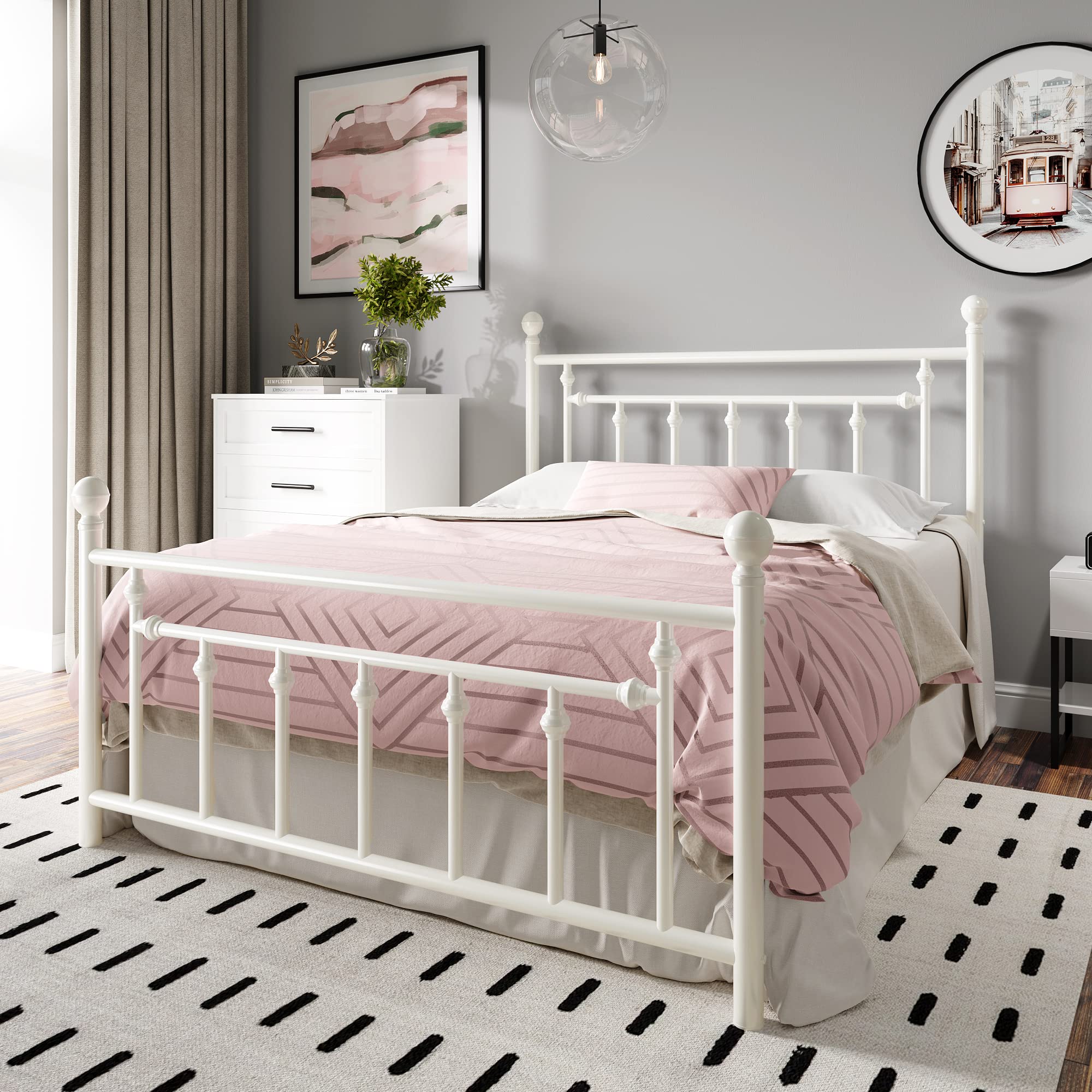 Hoomic Full Size Metal Platform Bed Frame/Victorian Style Iron-Art Headboard And Footboard / 14 Inches Mattress Foundation For Storage/No Box Spring Needed/Easy Assembly/Off-White
