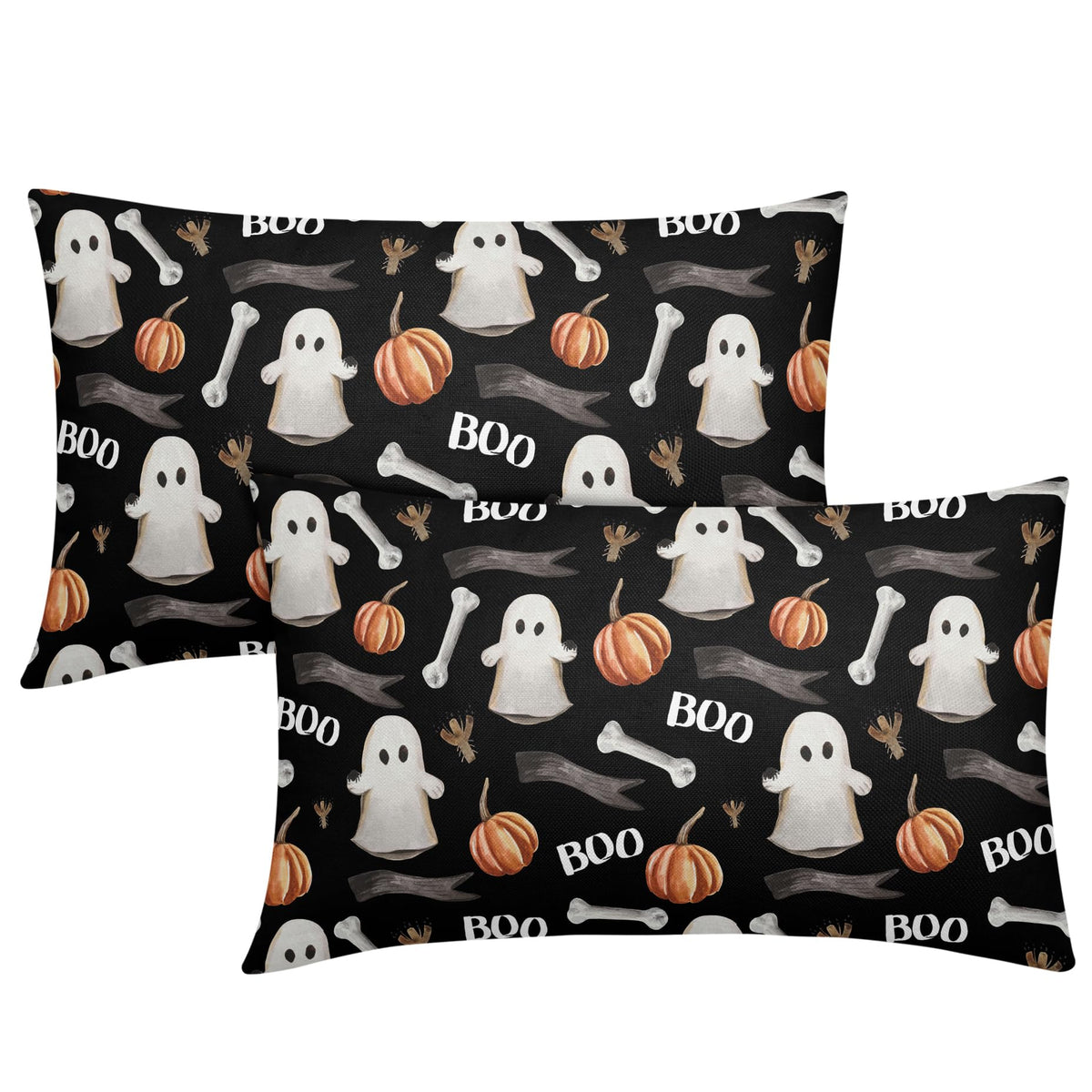 Kawani Halloween Black Lumbar Pillow Covers 12X20 Inch Boo Cute Ghost Orange Pumpkins Decorative Pillow Cases Set Of 2 Summer Ho