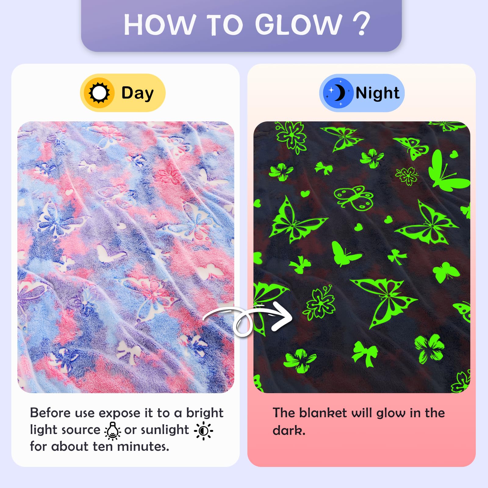 Sochow Butterfly Glow In The Dark Blanket For Daughters, Toys For 3-10 Year Old Birthday Presents, Soft Cozy Flannel Throw Blank