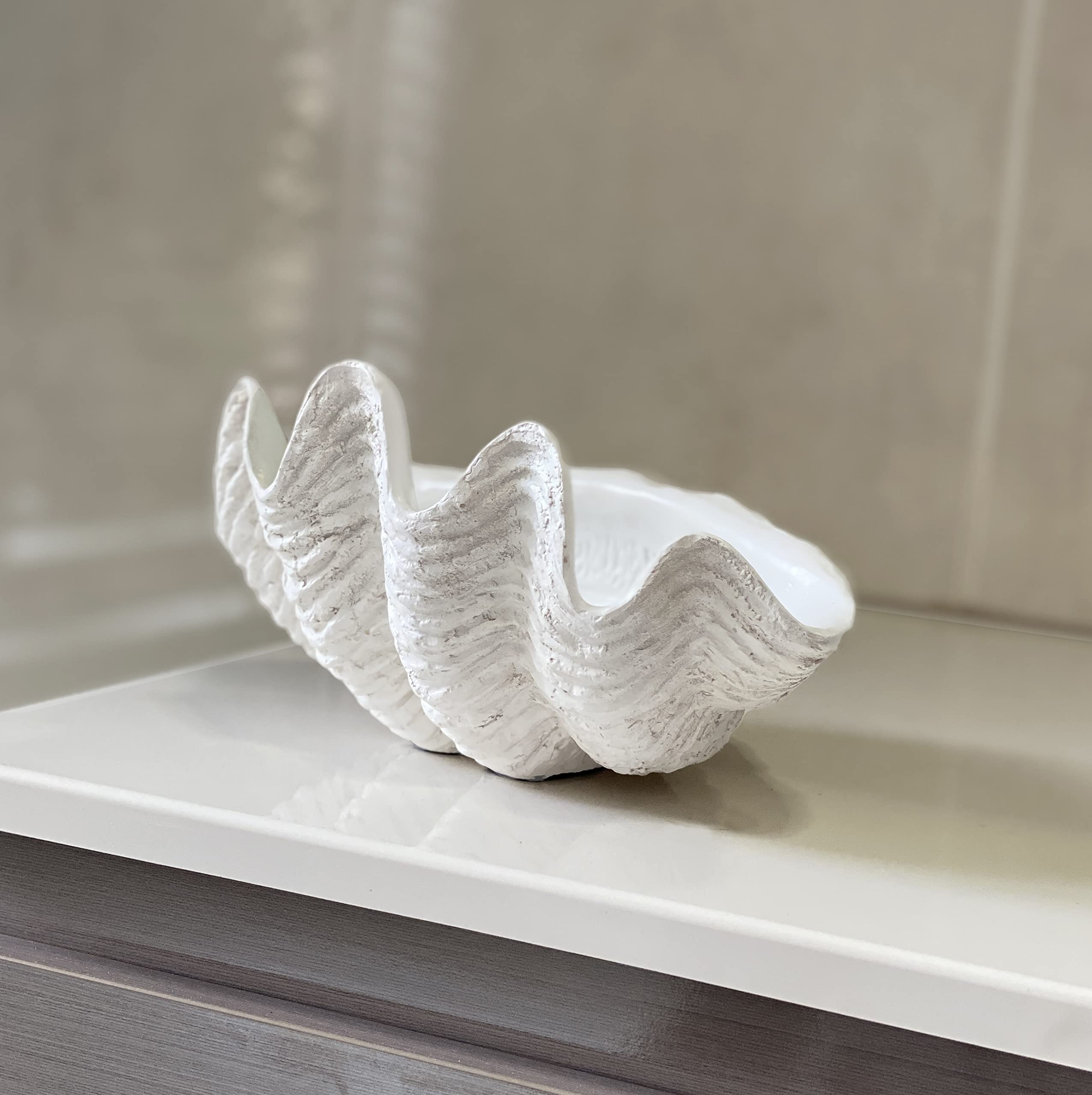 Huey House Small Clam Shell Sculptured Replica - 8.75Lx 5.6Wx 4.33H Handcrafted White Resin Seashell for Home Decoration or Dish