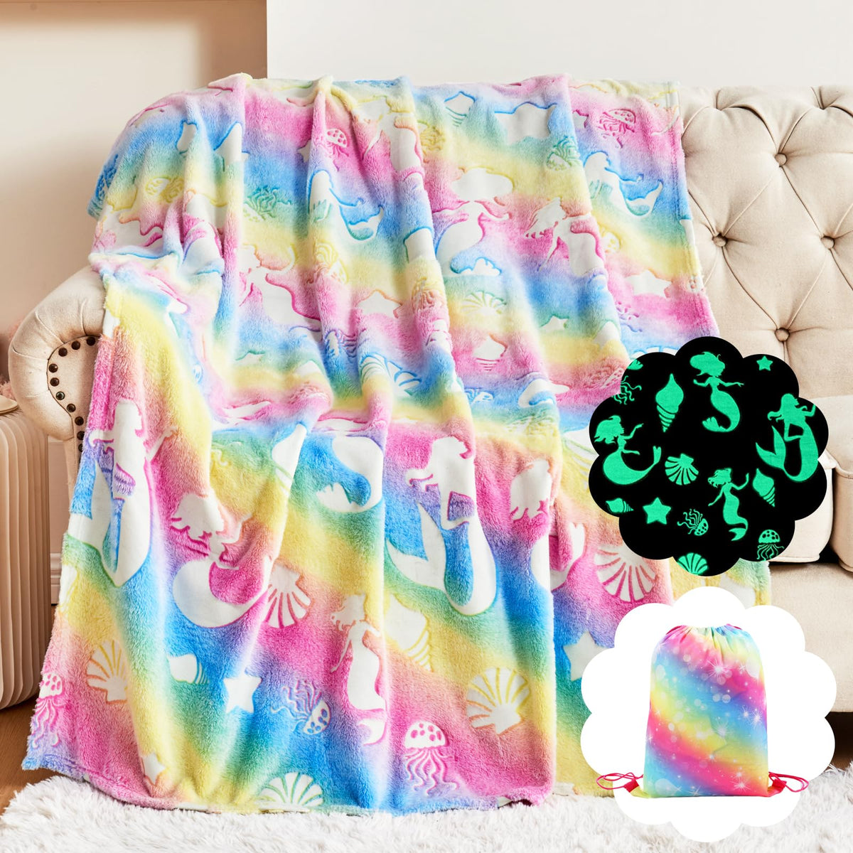 Cloele Glow In The Dark Blanket Mermaid Toys For 2 3 4 5 6 7 8 9 10 Year Old Kids Girls - Mermaids Room Decor Flannel Throw Blan