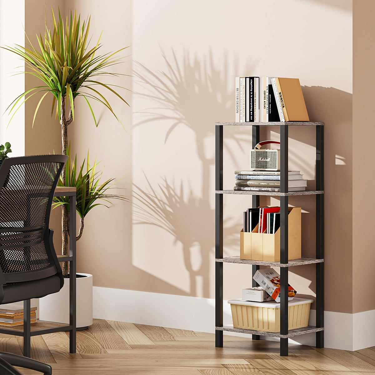 Tutotak Bookshelf, 4-Tier Tall Book Shelf, Narrow Bookcase For Small Space, Diy Stackable Bookshelf, For Living Room, Office, Study, Entryway, Industrial, Greige And Black Bs01Bg004