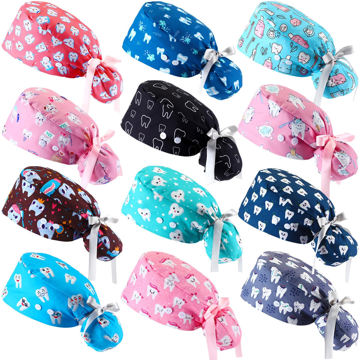 Tisancy 12 Pcs Scrub Cap Women Nurse Cap with Button Adjustable Working Cap Dentist Surgical Hat Long Hair Ponytail Pouch Hat(Cu
