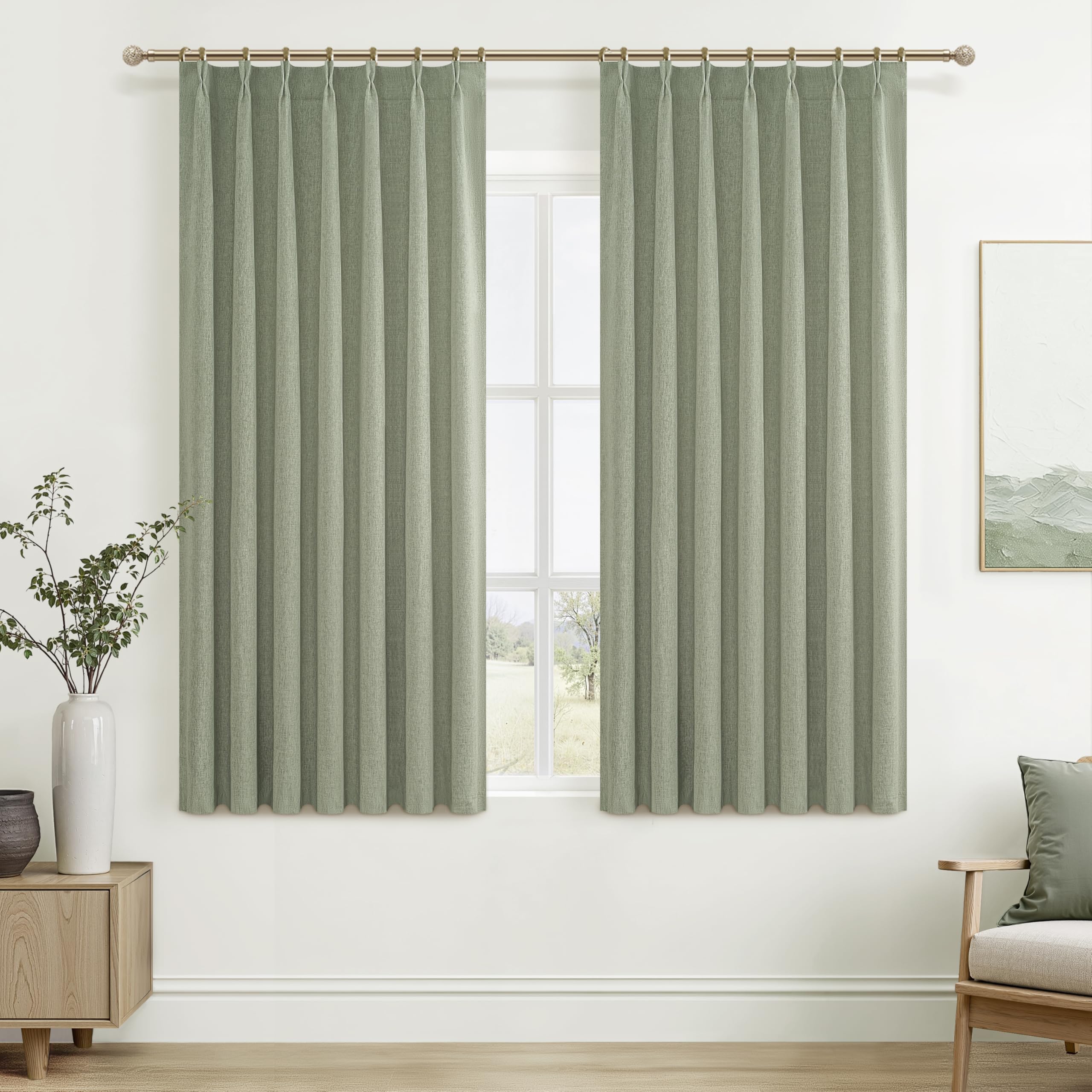 Sage Green 54 Inches Length Blackout Linen Short Curtains for Living Room/Bedroom/Kitchen, Pinch Pleated Small Boho Light Green 