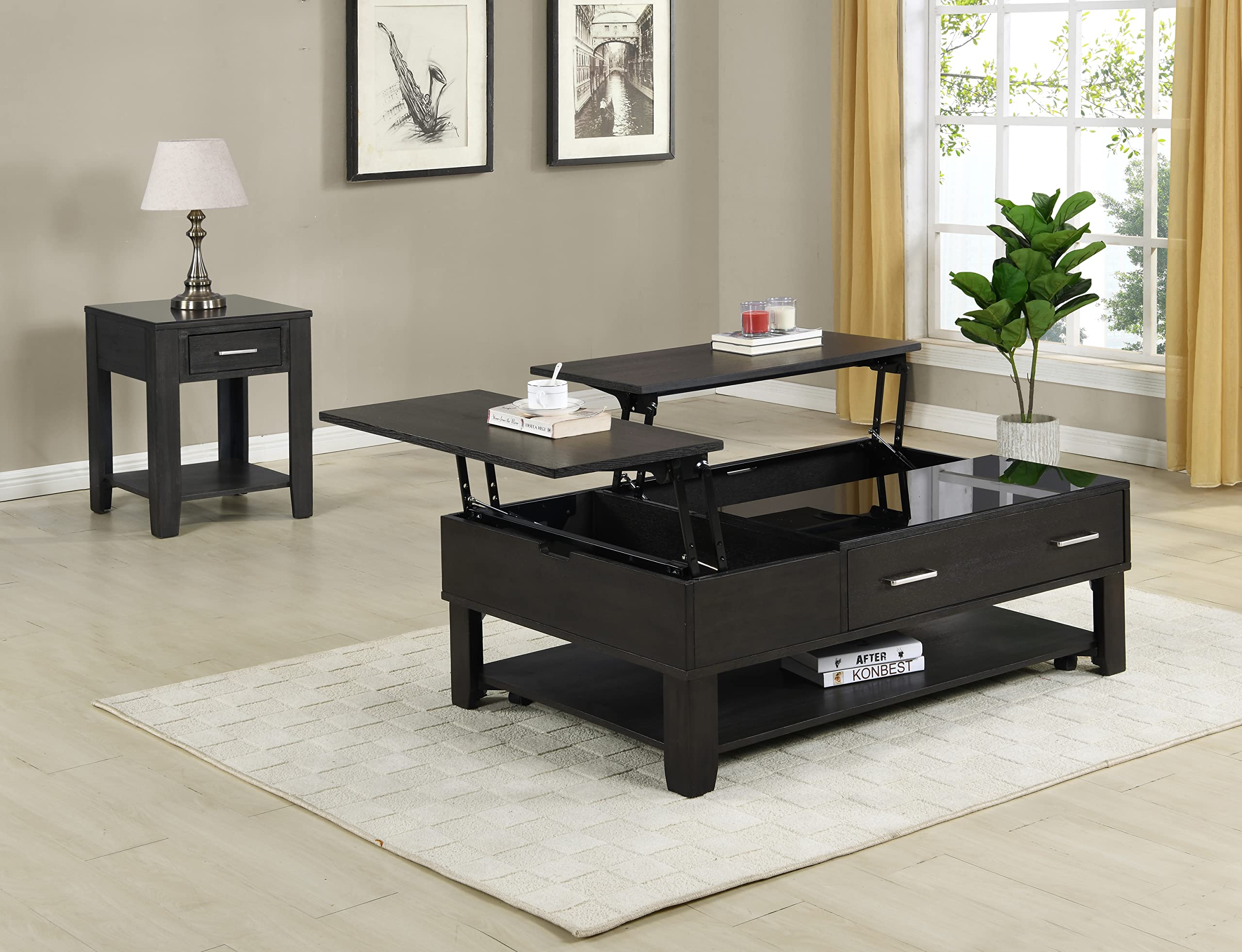 Lilola Home Bruno 2 Piece Ash Gray Wooden Lift Top Coffee and End Table Set with Tempered Glass Top and Drawer